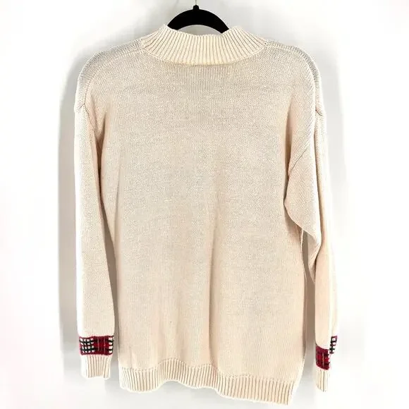 women's SM vintage floral intarsia mock neck sweater plaid off white pink purple - Picture 5 of 8